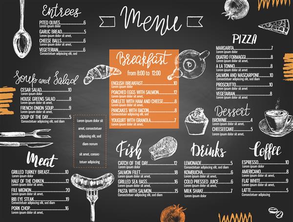 الگوی منوی رستوران با غذاهایی که با دست طراحی شده و حروفی شبیه تخته سیاه طراحی شده است