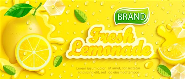 بنر لیموناد تازه با لیمو اسپل تکه میوه تکه‌های یخ و قطره‌ها روی پس‌زمینه زرد گرادیان برای برند آرم الگو برچسب نشان و فروشگاه بسته‌بندی بسته‌بندی و تبلیغات