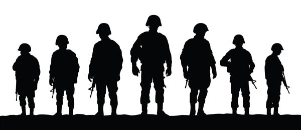 وکتور شبح یک گروه از سربازان مرد نظامی با طراحی ساده سیاه و سفید جنگجو در جنگ