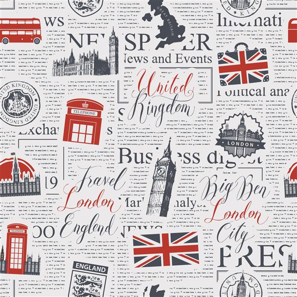 وکتور الگوی بدون درز با موضوع بریتانیا و لندن با کتیبه‌ها نمادهای بریتانیا نشانه‌ها و پرچم به سبک یکپارچهسازی با سیستمعامل در پس‌زمینه روزنامه قابل استفاده به عنوان کاغذ دیواری کاغذ بسته بندی یا پارچه