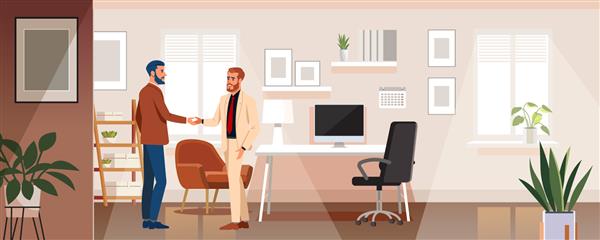 مفهوم کسب و کار و دفتر - دو تاجر در حال دست دادن تصویر وکتور شخصیت کارتونی تخت