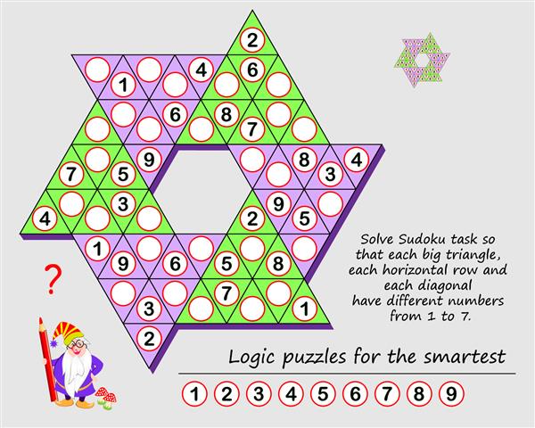 بازی پازل منطقی برای کودکان و بزرگسالان تکلیف سودوکو را حل کنید تا هر مثلث بزرگ هر ردیف افقی و هر مورب دارای اعداد مختلف از 1 تا 7 باشد صفحه قابل چاپ برای کتاب بازی فکری