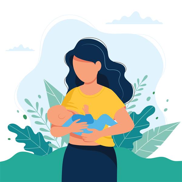 تصویر شیردهی شیر دادن مادر به نوزاد با سینه با پس زمینه طبیعت و برگ تصویر وکتور مفهومی به سبک کارتونی