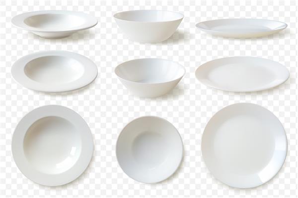 مجموعه 9 ماکت وکتور بشقاب چینی سفید جدا شده به سبک واقع گرایانه در پس زمینه شفاف مجموعه ظروف گرد در زوایای مختلف قالب های مناسب برای نمایش غذای شما