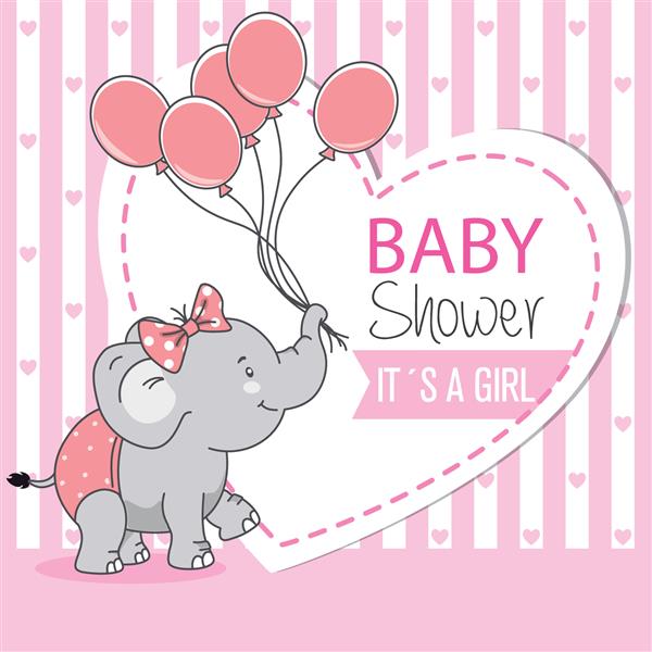 فیل شاد با کمان و بادکنک کارت حمام نوزاد