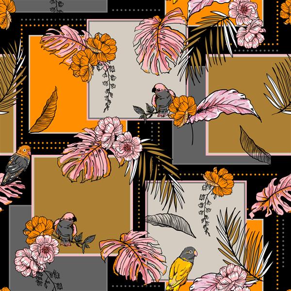 گیاهان و پرندگان استوایی عجیب و غریب الگوی روسری ابریشم مخلوط با شکل مربع گل و برگ و طراحی دستی طراحی برای مد پارچه وب کاغذ دیواری بسته بندی روی مشکی