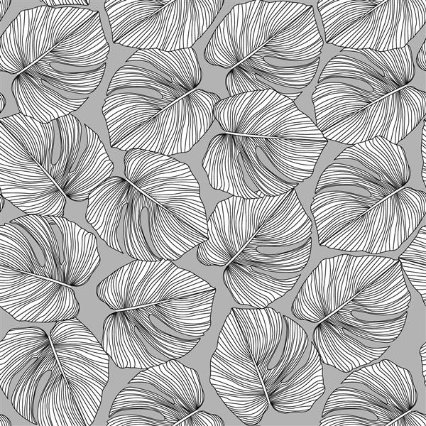 الگوی بدون درز برگ های مونسترای تک رنگ الگوی استوایی برگ گیاه شناسی در زمینه خاکستری طراحی مد روز برای پارچه چاپ پارچه کاغذ بسته بندی تصویر وکتور