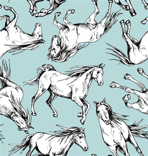 الگوی کاغذ دیواری بدون درز اسب های سفید زیبا در حال دویدن در پس زمینه آبی ترکیب نساجی چاپ به سبک دستی تصویر وکتور