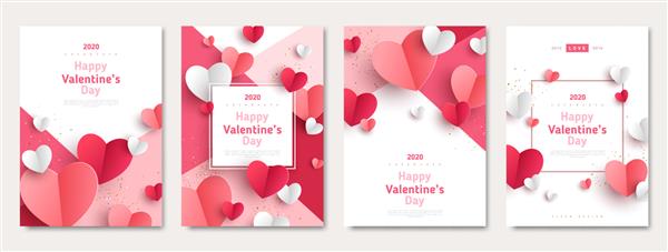 مجموعه پوسترهای مفهومی روز ولنتاین تصویر وکتور قلب های کاغذی سه بعدی قرمز و صورتی با قاب در پس زمینه هندسی بنرها یا کارت های تبریک فروش عشق زیبا