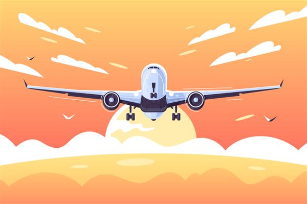 تصویر وکتور هواپیمای بزرگ با مسافران فرود هواپیما با ابرها در آسمان در غروب خورشید در امتداد طراحی به سبک تخت اقیانوس طلایی مفهوم هواپیما