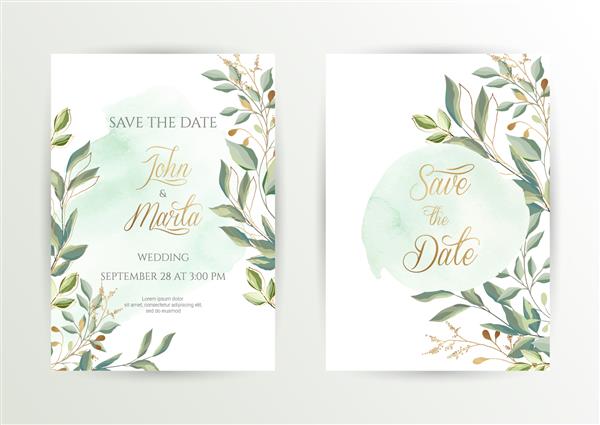 ست عروسی آبرنگ ست کارت با برگ و قاب هندسی طلایی طراحی با برگ های سبز جنگلی اکالیپتوس سرخس الگوهای مرسوم مد روز گل برای بنر بروشور پوستر تبریک eps10