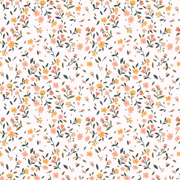 الگوی گل ناز در گل کوچک چاپ دیتسی بافت وکتور بدون درز قالب زیبا برای چاپ مد چاپ با گلهای کوچک صورتی و زرد پس زمینه سفید