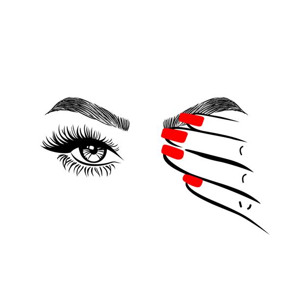 دست زن با ناخن‌های مانیکور قرمز که یک چشم را می‌بندد ریمل مژه ابروهای بی‌نقص آرم سالن زیبایی سبک طراحی با دست تصویر وکتور