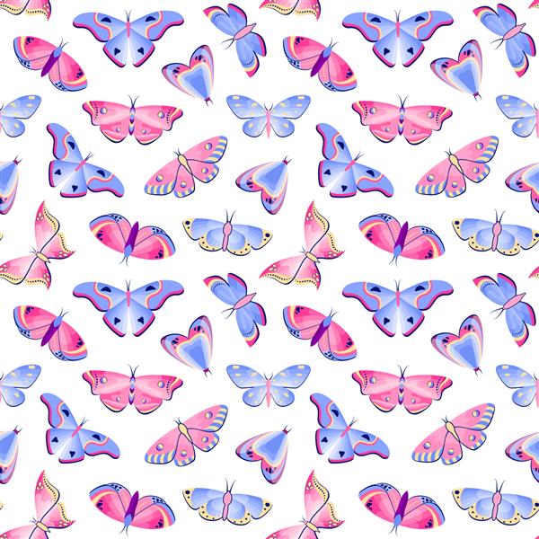 الگوی بدون درز با پروانه ها و پروانه ها در پس زمینه سفید
