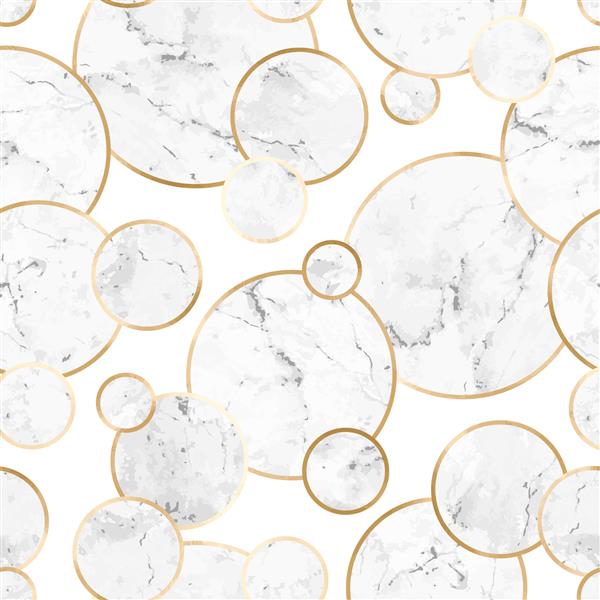 وکتور الگوی هندسی انتزاعی بدون درز با خطوط طلایی و دایره‌های سنگ مرمر خاکستری بافت فلزی و سنگی مدرن شیک در زمینه سفید