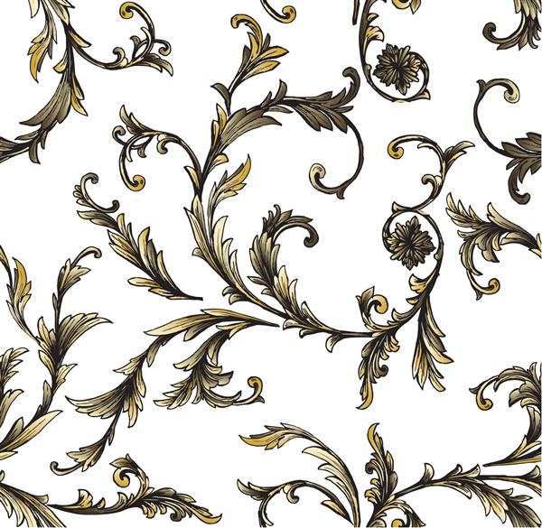 الگوی کلاسیک طلایی باروک با شاخه گل با گرافیک چرخشی در زمینه سفید