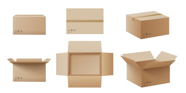 مجموعه ماکاپ جعبه مقوایی واقع گرایانه از کنار جلو و نمای بالا باز و بسته جدا شده در پس زمینه سفید الگوی بسته بندی بسته - تصویر وکتور