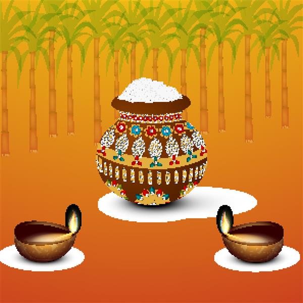 جشن پونگال مبارک جشن برداشت محصول در جنوب هند با برنج پونگال در دیگ سنتی گلی و لامپ های روغنی روشن روی زمینه بدون درز تزئین شده با نیشکر