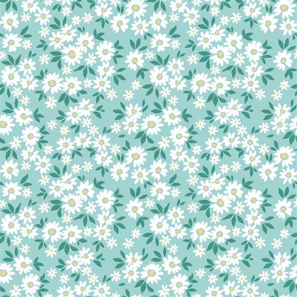 پس زمینه گل های قدیمی الگوی وکتور بدون درز برای طراحی و چاپ مد الگوی گل با گل های سفید کوچک در زمینه آبی روشن سبک دیتسی