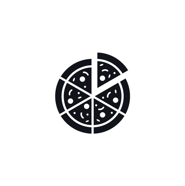پیتزا آیکون در طراحی آیکون لوگوی ساده ایزوله به سبک مسطح تصویر وکتور غذا و نوشیدنی مشکی در پس‌زمینه سفید