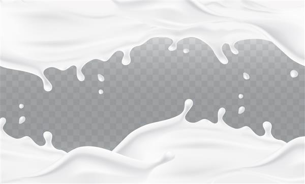 الگوی قاب پاشش شیر جدا شده روی پس‌زمینه شفاف حاشیه موج سه بعدی واقعی ماست یا خامه لبنی با قطره وکتور طرح بسته شیر