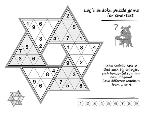 بازی پازل منطقی برای کودکان و بزرگسالان سودوکو را طوری حل کنید که هر مثلث بزرگ هر ردیف افقی و هر مورب دارای اعداد مختلف از 1 تا 9 باشد کتاب بازی فکری وکتور سیاه و سفید