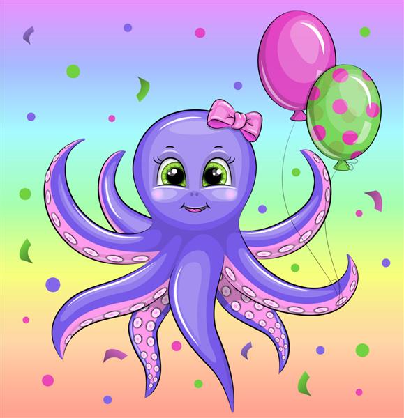 اختاپوس کارتونی ناز یک تولد جشن می گیرد تصویر وکتور از یک حیوان با بالن در پس زمینه رنگارنگ