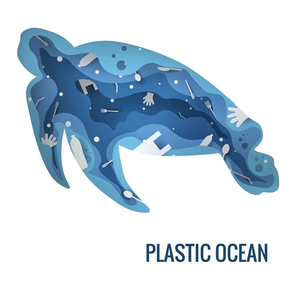 متن - اقیانوس پلاستیک تصویر وکتور مفهومی آلودگی سیاره زباله پلاستیکی طرح کلی پستانداران دریایی لاک پشت پر از نماد سه بعدی زباله پلاستیکی برش لیزری سه بعدی