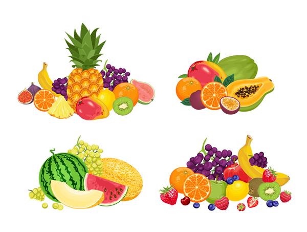 مجموعه میوه خوری تصویر وکتور از بنرها با میوه های مختلف استوایی جدا شده در پس زمینه سفید غذای تازه به سبک تخت کارتونی
