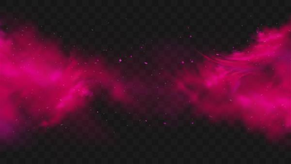 دود قرمز یا رنگ مه ایزوله شده روی پس زمینه تاریک شفاف انفجار پودر صورتی انتزاعی با ذرات منفجر شدن ابر غبار رنگارنگ هولی رنگ اثر دود غبار تصویر وکتور واقعی