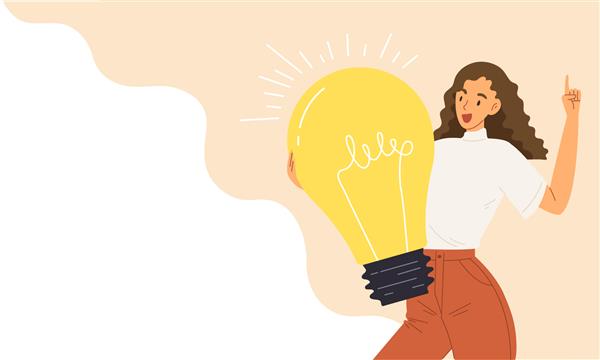 زن جوان باهوش که لامپ روشن در دست دارد مفهوم ایده خلاق کارگر باهوش آموزش تبلیغات شکل ارائه الگوی خالی تمایل کسب و کار تصویر وکتور تخت