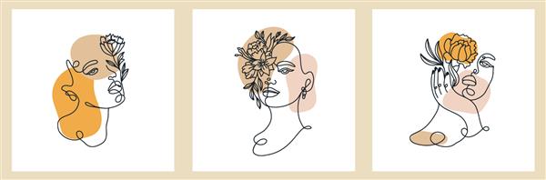 مجموعه انتزاعی با چهره زن شبح عناصر گلدار نقاشی یک خطی کارت های وکتور به سبک مینیمالیستی خط پیوسته مفهوم طراحی مدرن