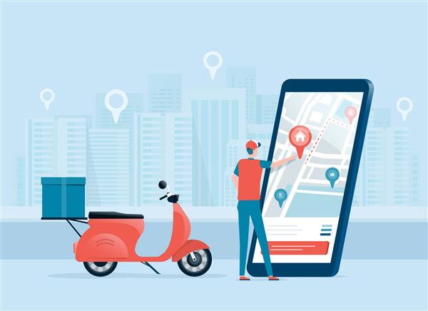 مفهوم تحویل آنلاین کسب و کار با مرد تحویل و برنامه ناوبری نقشه آنلاین تلفن همراه ردیاب موقعیت مکانی ناوبر مسیر اینفوگرافیک نقشه شهر و طراحی برای پست اجتماعی بنر