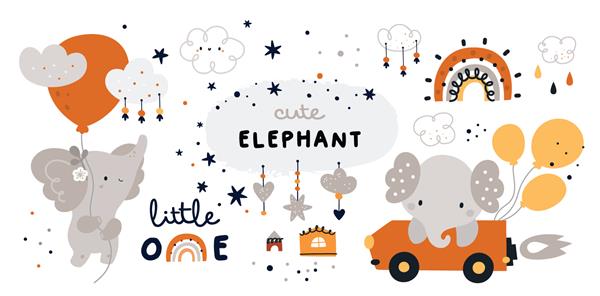 فیل کوچولو با بالون کلکسیون کودکانه با شخصیت های بچه حیوانات بامزه در حال پرواز است وکتور عناصر طراحی ابله کارتونی برای طراحی کودکان رنگین کمان خانه ها ابرها