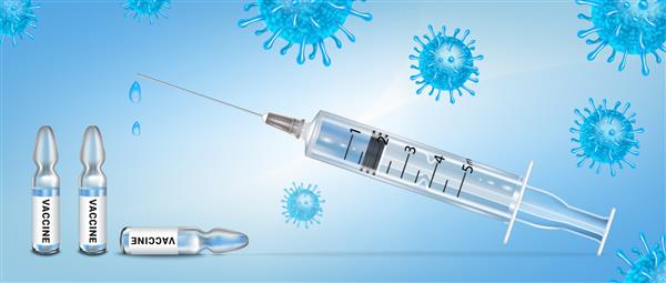 بنر پزشکی واکسیناسیون سرنگ و آمپول با واکسن کرونا از موج دوم عفونت COVID-19 جلوگیری می کند تصویر وکتور سه بعدی واقع گرایانه