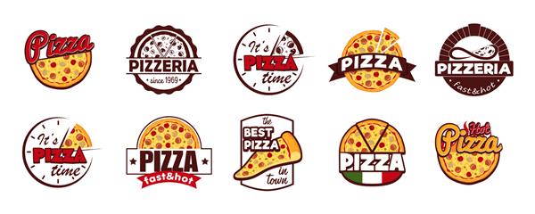 کارتونی رنگ پیتزا لیبل نشان نشانه مجموعه مفهومی سبک طراحی تخت تصویر وکتور از استیکر پیتزا