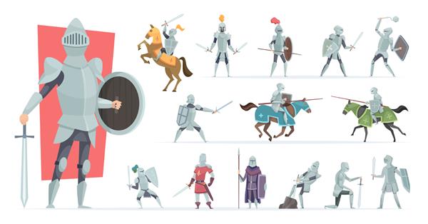 شوالیه ها جنگجویان قرون وسطایی در حال ژست شخصیت های وکتور شوالیه های زره پوش به سبک کارتونی