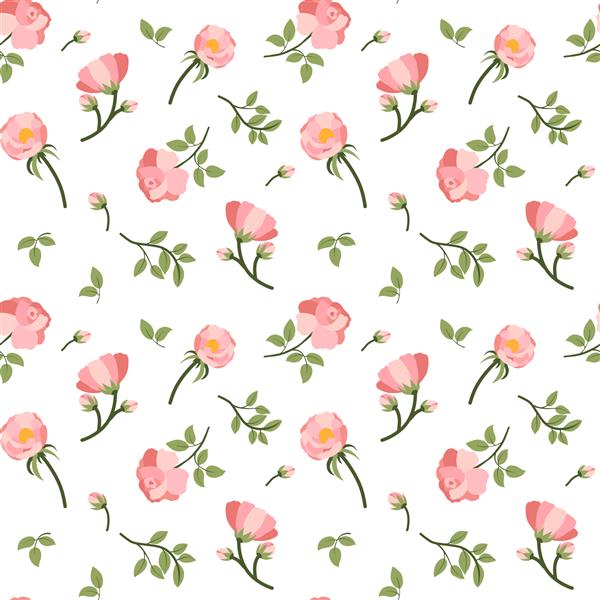 الگوی بدون درز غنچه رز و برگ سبز برای طراحی پارچه شکوفه رز صورتی زیبا چاپ تزئینی تصویرسازی مرسوم از گل