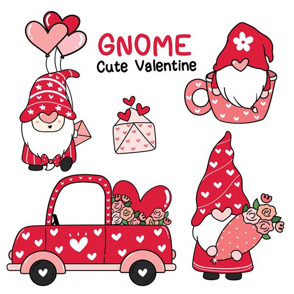گنوم عاشقانه ولنتاین زیبا در مجموعه کلاه قرمزی کلیپ آرت وکتور مسطح کارتونی ابله