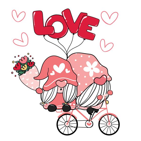 دو زوج گنوم عاشقانه ولنتاین روی کلیپ آرت دوچرخه عاشقانه صورتی وکتور کارتونی عشق شاد
