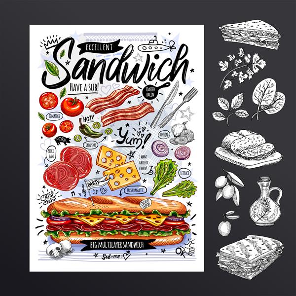 پوستر غذا آگهی فست فود مواد اولیه منو ساندویچ ساب میان وعده سبزیجات خرد شده پنیر ژامبون بیکن سبک کارتونی جالب ایزوله وکتور نقاشی با دست