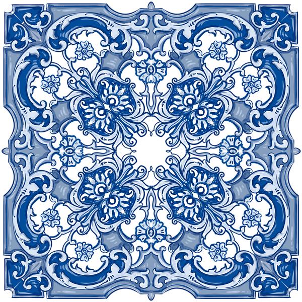 Azulejos - کاشی پرتغالی هلندی و شرقی در سایه‌های آبی کم‌رنگ کلاسیک و الگوی رنگ‌های نیلی موزاییک وکتور باروک زیور آلات روکوکو و عربسک