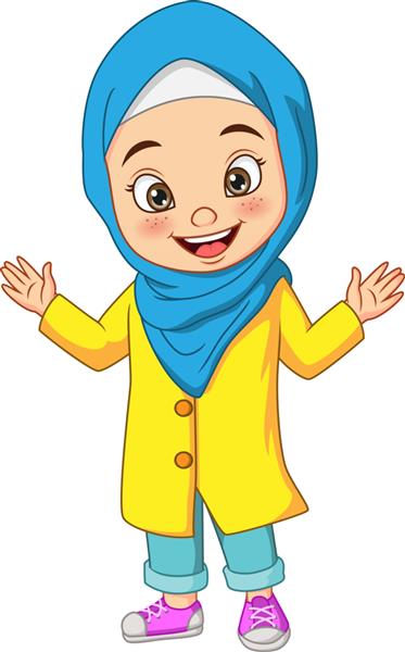 کارتون دختر مسلمان شاد در پس زمینه سفید