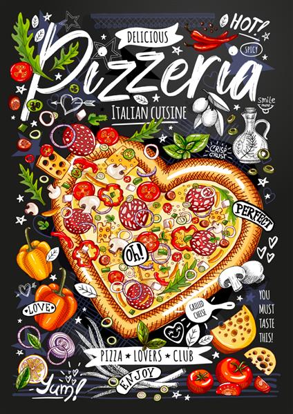 پوستر غذا آگهی فست فود مواد اولیه منوی پیتزا فروشی پیتزا قلب سبزیجات خرد شده پنیر پپرونی اسپلش سبک کارتونی خوشمزه جدا شده وکتور نقاشی با دست