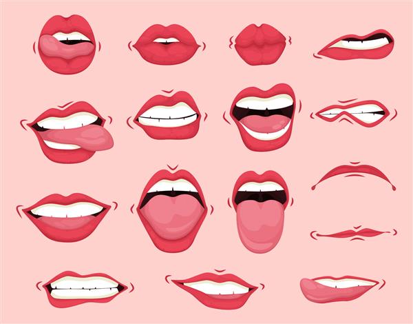 حرکات صورت با حالت‌های زیبای دهان کارتونی با لب‌های خندان که زبان را بیرون آورده است گزینه های مختلف دهان باز با لب زبان و دندان