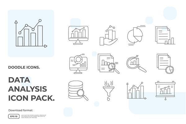مجموعه آیکون doodle تصویر وکتور مجموعه ای از مفهوم و تجزیه و تحلیل داده ها فناوری علم آمار فرآیند یادگیری ماشین مربوط به نماد علامت استراتژی تجاری