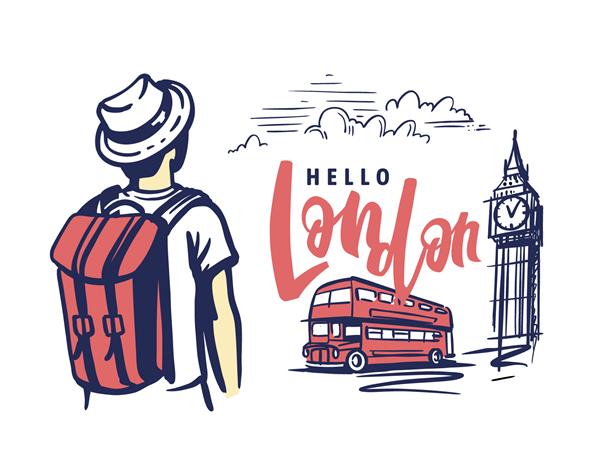 توریست مرد به لندن اتوبوس قرمز و بیگ بن آمد طرح زمینه سفر با نقاط دیدنی تصویر برای چاپ روی کیف تی شرت پوستر کارت