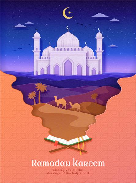 کتاب مقدس قرآن بر روی یک غرفه مسجد را در تپه‌های شنی زیر هلالی درخشان در یک شب پرستاره منعکس می‌کند پوستر تبریک اعیاد اسلامی به سبک کاغذی