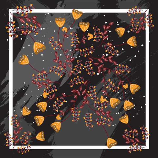 طرح روسری مربع در رنگ های ملایم و گل های زیبا با برگ و ساقه مجهز به اشکال انتزاعی مدرن مناسب برای چاپ پارچه روسری حجاب چاپ مد یا دکور منزل و غیره