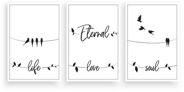 زندگی ابدی عشق ابدی روح ابدی وکتور طراحی کلمات جملات انگیزشی الهام بخش زندگی طراحی پوستر سه تکه مینیمالیستی اسکاندیناوی با پرندگان روی سیم دکور هنری دیوار